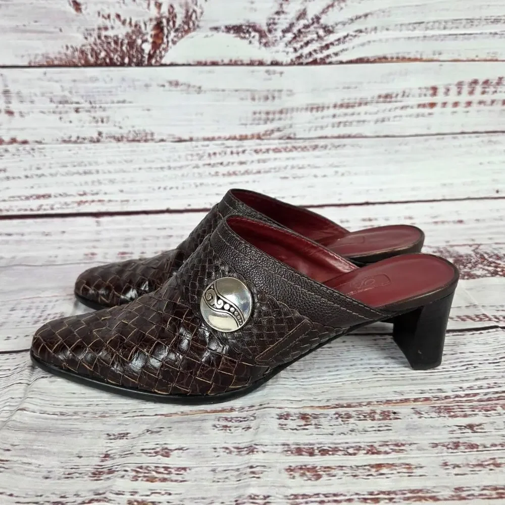 Brighton Twirl Woven Leather Mules Sz 8M Earthy Brown Chunky Heel Slip on Shoes